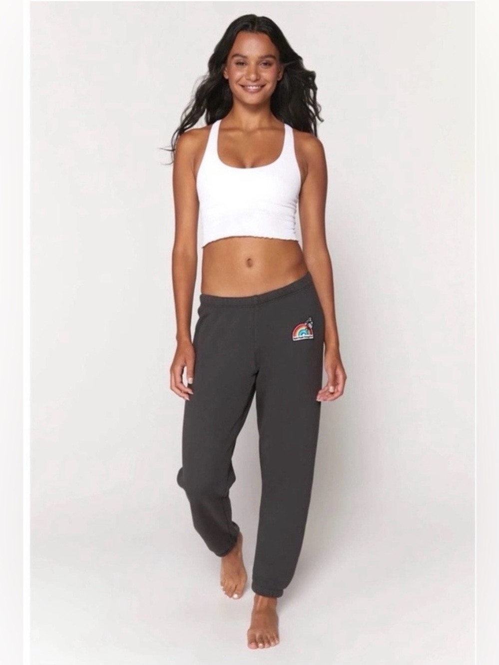 Spiritual Gangster Perfect Terry Sweatpants Joggers, Rainbow Palms, Gray, XS